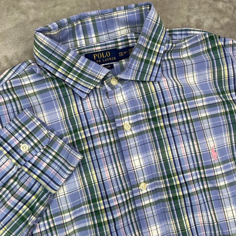 Polo Ralph Lauren Classic Fit Shirt Mens‎ 2XL Blue Green Plaid Cotton Stretch